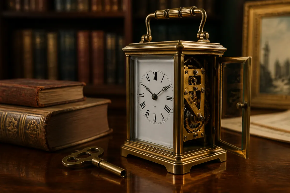 Decorative antique carriage clock with brass case and visible dial