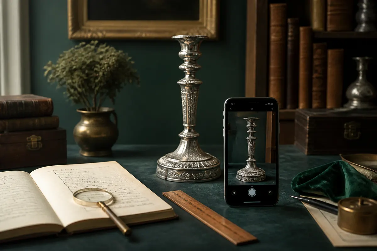 Antique candlestick, camera, ruler, and research notes for photo identification