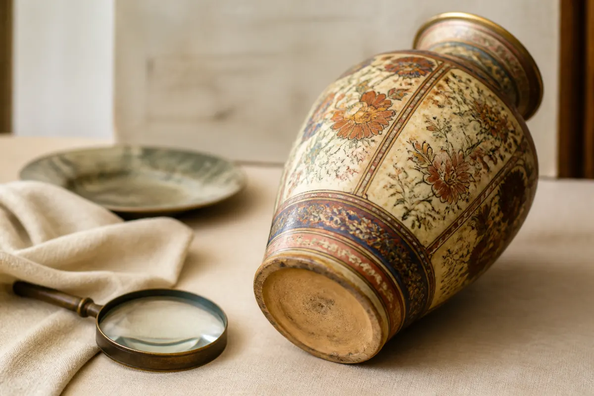 Decorated antique ceramic vase shown as a pottery identification example